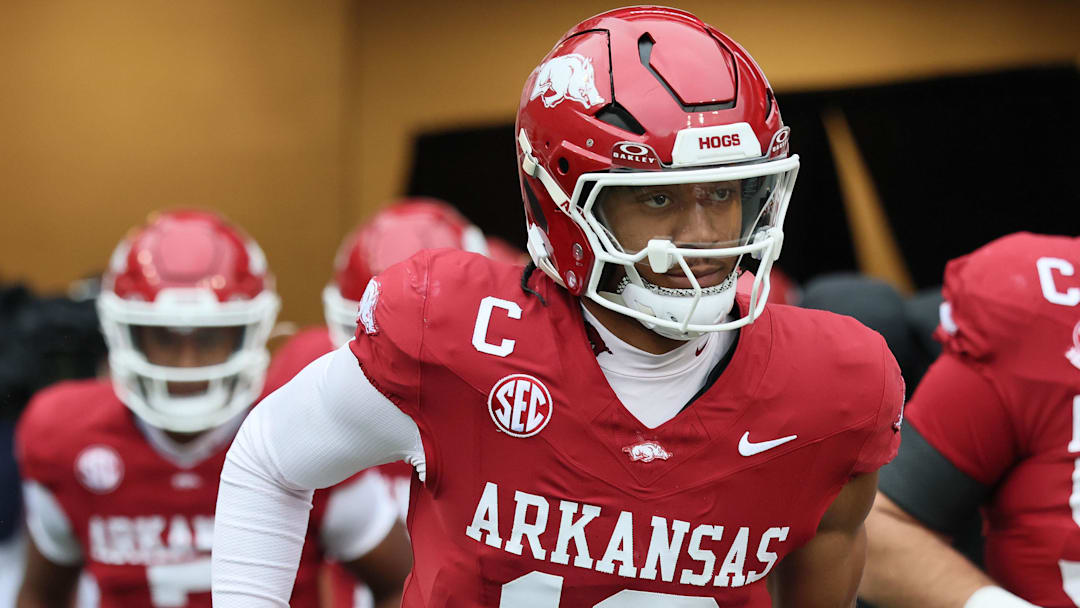 Nov 29, 2025; Fayetteville, Arkansas, USA; Arkansas Razorbacks quarterback Taylen Green (10) comes onto the field prior to a game against the Missouri Tigers at Donald W. Reynolds Razorback Stadium. Mandatory Credit: Nelson Chenault-Imagn Images