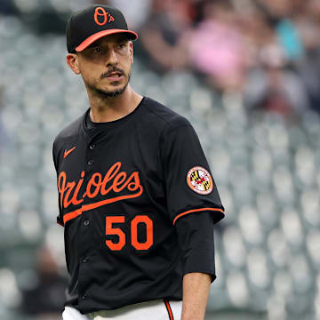 May 14, 2025; Baltimore, Maryland, USA; Baltimore Orioles pitcher Charlie Morton (50) walks off of the field during the seventh inning against the Minnesota Twins at Oriole Park at Camden Yards. 