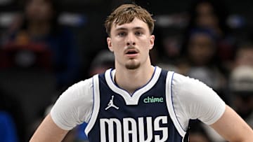 Dec 12, 2025; Dallas, Texas, USA; Dallas Mavericks forward Cooper Flagg (32) looks on during the game between the Mavericks and the Nets at the American Airlines Center. Mandatory Credit: Jerome Miron-Imagn Images