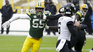 Nov 15, 2020; Green Bay, Wisconsin, USA;  Green Bay Packers linebacker Za'Darius Smith (55) rushes Jacksonville Jaguars quarterback Jake Luton (6) during the third quarter at Lambeau Field.
