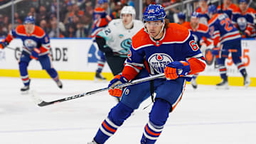 Nov 15, 2023; Edmonton, Alberta, CAN; Edmonton Oilers forward Raphael Lavoie (62) against the Seattle Kraken at Rogers Place. Mandatory Credit: Perry Nelson-Imagn Images