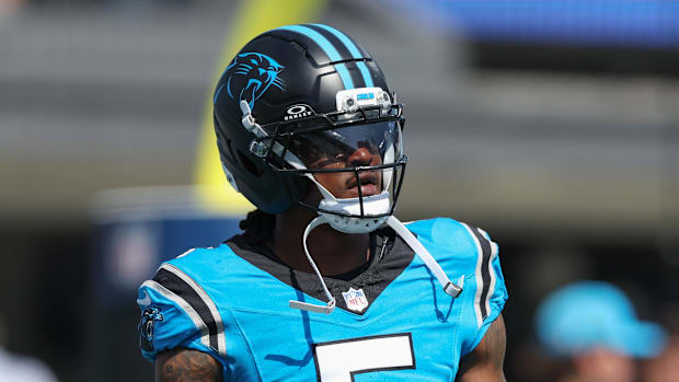 Rico Dowdle seen during wam ups of a game between Carolina Panthers and the Atlanta Falcons