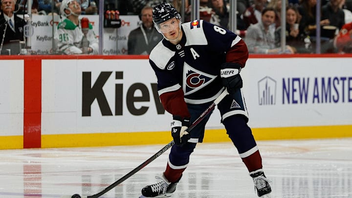 Oct 11, 2025; Denver, Colorado, USA; Colorado Avalanche defenseman Cale Makar (8) controls the puck in the second period against the Dallas Stars at Ball Arena. Mandatory Credit: Isaiah J. Downing-Imagn Images