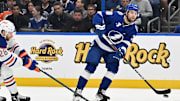 Feb 25, 2025; Tampa, Florida, USA ; Tampa Bay Lightning left wing Brandon Hagel (38) passed the puck in the first period against the Edmonton Oilers  at Amalie Arena. Mandatory Credit: Jonathan Dyer-Imagn Images