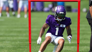 Jul 28, 2025; Eagan, MN, USA; Minnesota Vikings wide receiver Jalen Nailor (1) takes part in drills during the teams training camp at the Minnesota Vikings Training Facility.