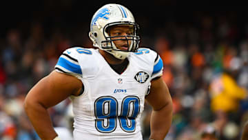 Dec 21, 2014; Chicago, IL, USA; Detroit Lions defensive tackle Ndamukong Suh (90) during the first half at Soldier Field. Mandatory Credit: Mike DiNovo-Imagn Images