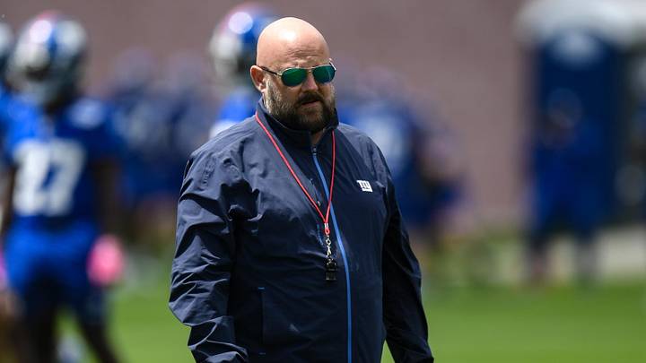 May 10, 2025; East Rutherford, NJ, USA; New York Giants head coach Brian Daboll looks on during rookie minicamp at Quest Diagnostics Training Center. Mandatory Credit: John Jones-Imagn Images
