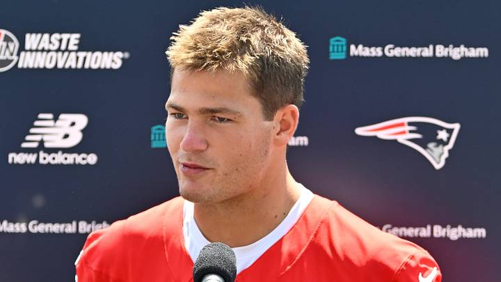 Jul 25, 2026; Foxborough, MA, USA; New England Patriots quarterback Drake Maye (10) answers questions from the media after training camp at Gillette Stadium. Mandatory Credit: Eric Canha-Imagn Images