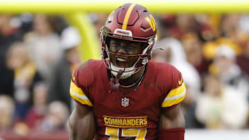Nov 10, 2024; Landover, Maryland, USA; Washington Commanders wide receiver Terry McLaurin (17) celebrates after a play against the Pittsburgh Steelers during the second half at Northwest Stadium. Mandatory Credit: Amber Searls-Imagn Images