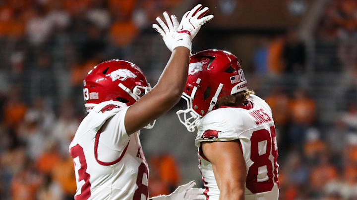 Arkansas Razorbacks tight end Rohan Jones (88) celebrates scoring a touchdown against the Tennessee Volunteers during the second half at Neyland Stadium. Arkansas Razorbacks tight end Rohan Jones (88) celebrates scoring a touchdown against the Tennessee Volunteers during the second half at Neyland Stadium.