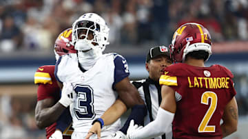 Oct 19, 2025; Arlington, Texas, USA; Dallas Cowboys wide receiver George Pickens (3) celebrates after a play as Washington Commanders safety Quan Martin (20) and cornerback Marshon Lattimore (2) look on during the second quarter of the game at AT&T Stadium. Mandatory Credit: Kevin Jairaj-Imagn Images