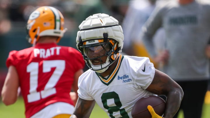 Green Bay Packers running back Josh Jacobs (8) runs through a drill on Friday, July 26, 2024, at Ray Nitschke Field in Ashwaubenon, Wis.
Tork Mason/USA TODAY NETWORK-Wisconsin