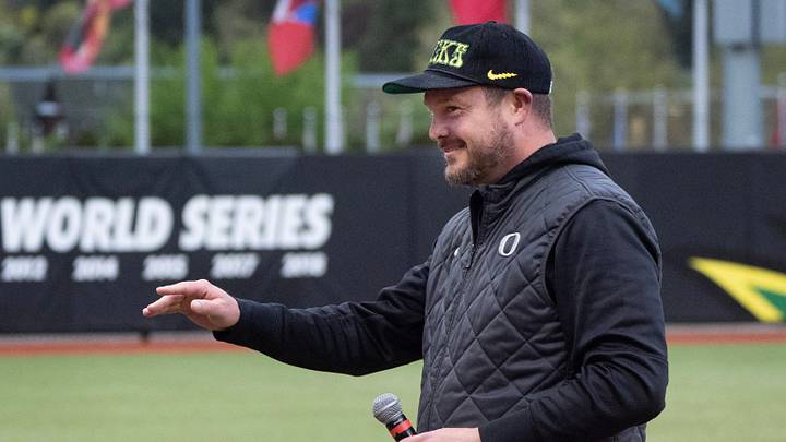 Oregon football coach Dan Lanning introduces the song “Shout” during the Ducks' game against Oregon State at Jane Sanders Stadium in Eugene April 22, 2026.