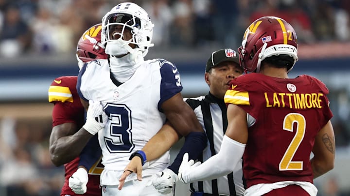 Oct 19, 2025; Arlington, Texas, USA; Dallas Cowboys wide receiver George Pickens (3) celebrates after a play as Washington Commanders safety Quan Martin (20) and cornerback Marshon Lattimore (2) look on during the second quarter of the game at AT&T Stadium. Man
