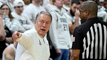 Jan 15, 2025; East Lansing, Michigan, USA;  Michigan State Spartans head coach Tom Izzo protests a call by the officials during the second half of their game against the Penn State Nittany Lions at Jack Breslin Student Events Center. Mandatory Credit: Dale Young-Imagn Images