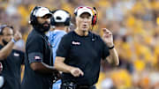 Houston Cougars head coach Willie Fritz (right) and wide receivers coach Derrick Sherman against the Arizona State Sun Devils at Mountain America Stadium.