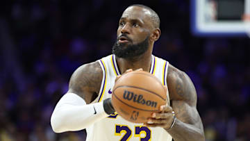 Dec 7, 2025; Philadelphia, Pennsylvania, USA; Los Angeles Lakers forward Lebron James (23) shoots against the Philadelphia 76ers during the fourth quarter at Xfinity Mobile Arena. Mandatory Credit: Bill Streicher-Imagn Images