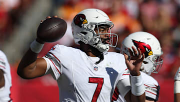 Nov 30, 2025; Tampa, Florida, USA; Arizona Cardinals quarterback Jacoby Brissett (7) throws during the first half against the Tampa Bay Buccaneers at Raymond James Stadium. Mandatory Credit: Nathan Ray Seebeck-Imagn Images