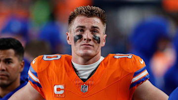 Nov 6, 2025; Denver, Colorado, USA; Denver Broncos quarterback Bo Nix (10) in the fourth quarter against the Las Vegas Raiders at Empower Field at Mile High. Mandatory Credit: Isaiah J. Downing-Imagn Images