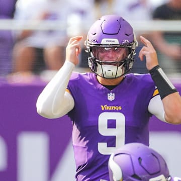 Aug 10, 2024; Minneapolis, Minnesota, USA; Minnesota Vikings quarterback J.J. McCarthy (9) under center against the Las Vegas Raiders in the third quarter at U.S. Bank Stadium. Mandatory Credit: Brad Rempel-Imagn Images