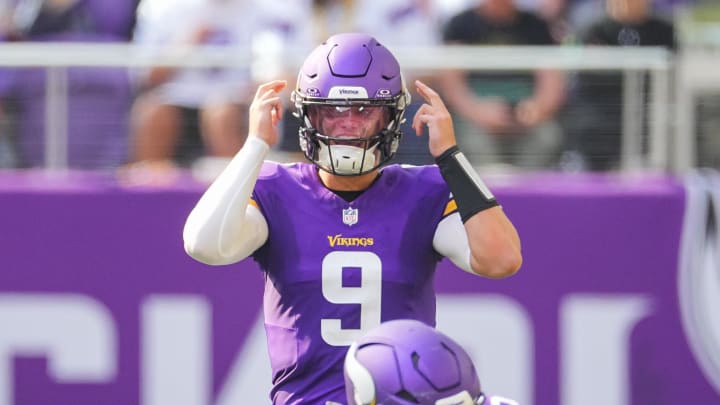 Aug 10, 2024; Minneapolis, Minnesota, USA; Minnesota Vikings quarterback J.J. McCarthy (9) under center against the Las Vegas Raiders in the third quarter at U.S. Bank Stadium. Mandatory Credit: Brad Rempel-USA TODAY Sports