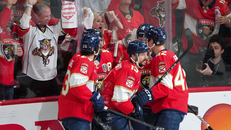 Florida Panthers center Sam Reinhart celebrates with his teammates after scoring a goal against the Edmonton Oilers. | Jim Rassol-Imagn Images