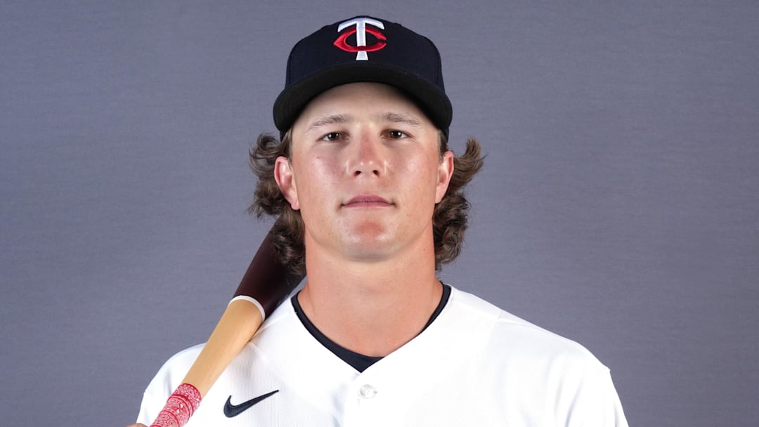 Feb 19, 2026; Lee County, FL, USA;  Minnesota Twins second baseman Luke Keaschall (15) poses during photo day at Hammond Stadium. Mandatory Credit: Jim Rassol-Imagn Images