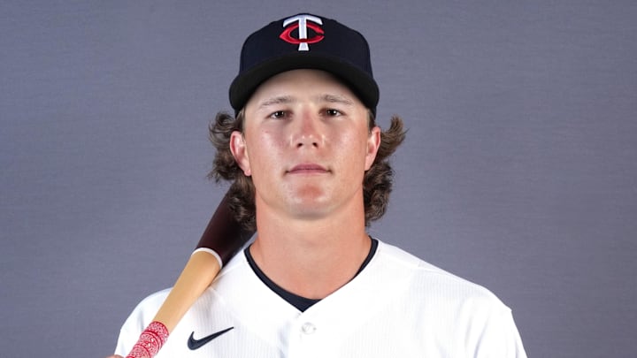 Feb 19, 2026; Lee County, FL, USA;  Minnesota Twins second baseman Luke Keaschall (15) poses during photo day at Hammond Stadium. Mandatory Credit: Jim Rassol-Imagn Images