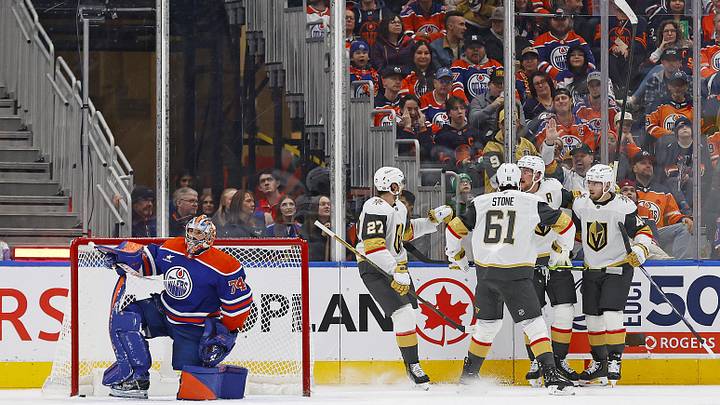 The Vegas Golden Knights celebrate a goal by forward Jack Eichel (9) during the first period against the Edmonton Oilers