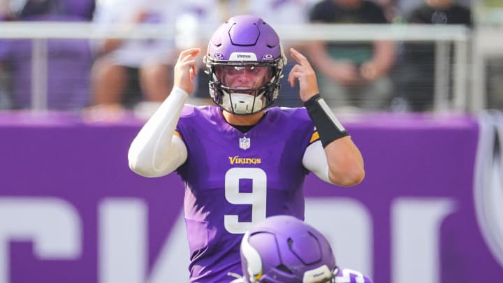 Aug 10, 2024; Minneapolis, Minnesota, USA; Minnesota Vikings quarterback J.J. McCarthy (9) under center against the Las Vegas Raiders in the third quarter at U.S. Bank Stadium. Mandatory Credit: Brad Rempel-USA TODAY Sports