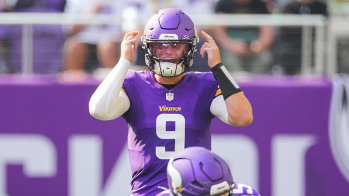 Aug 10, 2024; Minneapolis, Minnesota, USA; Minnesota Vikings quarterback J.J. McCarthy (9) under center against the Las Vegas Raiders in the third quarter at U.S. Bank Stadium.