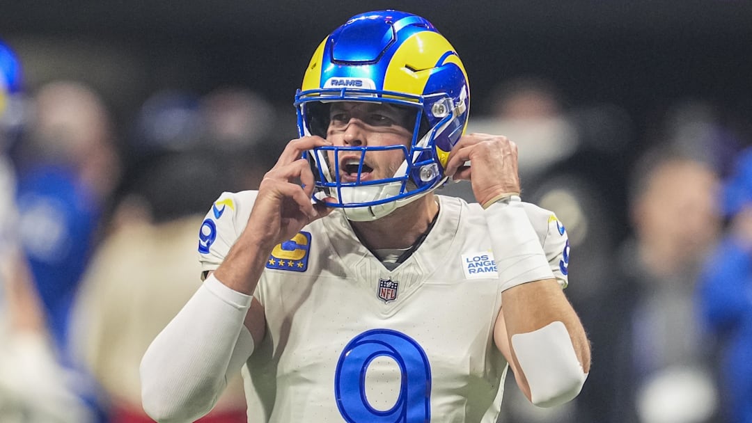 Dec 29, 2025; Atlanta, Georgia, USA; Los Angeles Rams quarterback Matthew Stafford (9) shown on the field prior to the game against the Atlanta Falcons at Mercedes-Benz Stadium. Mandatory Credit: Dale Zanine-Imagn Images