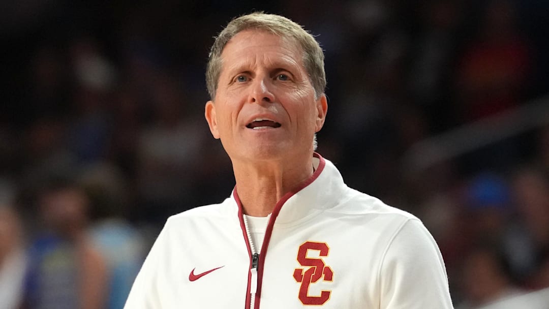 Mar 7, 2026; Los Angeles, California, USA; Southern California Trojans head coach Eric Musselman reacts against the UCLA Bruins at the Galen Center. Mandatory Credit: Kirby Lee-Imagn Images