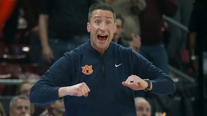 Feb 18, 2026; Starkville, Mississippi, USA; Auburn Tigers head coach Steven Pearl reacts during the second half against the Mississippi State Bulldogs at Humphrey Coliseum. Mandatory Credit: Petre Thomas-Imagn Images