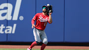 Jul 20, 2025; New York City, New York, USA; Cincinnati Reds left fielder Connor Joe (17) makes a catch for an out  during the first inning against the New York Mets at Citi Field. Mandatory Credit: Vincent Carchietta-Imagn Images