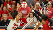 Nebraska outside hitter Harper Murray spikes the ball during the Red-White Scrimmage.