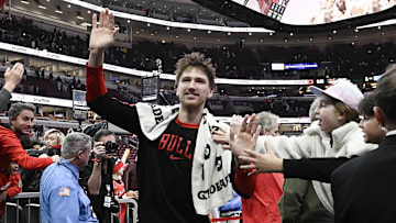 Dec 2, 2024; Chicago, Illinois, USA;  Chicago Bulls forward Matas Buzelis (14) greets fans after the second half against the Brooklyn Nets at the United Center. Mandatory Credit: Matt Marton-Imagn Images