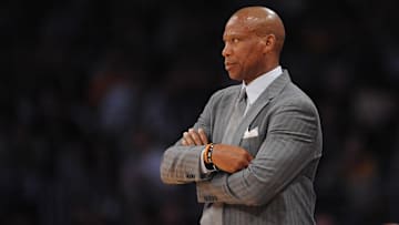 March 27, 2016; Los Angeles, CA, USA; Los Angeles Lakers head coach Byron Scott watches game action against Washington Wizards during the first half at Staples Center. Mandatory Credit: Gary A. Vasquez-Imagn Images