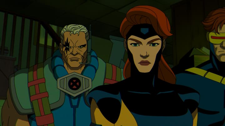 Cable (voiced by Chris Potter), Jean Grey (voiced by Jennifer Hale), and Cyclops (voiced by Ray Chase) in Marvel Animation's 