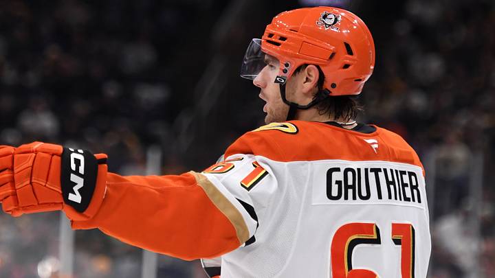 Oct 23, 2025; Boston, Massachusetts, USA; Anaheim Ducks left wing Cutter Gauthier (61) reacts after scoring a goal during the second period against the Boston Bruins at TD Garden. Mandatory Credit: Bob DeChiara-Imagn Images