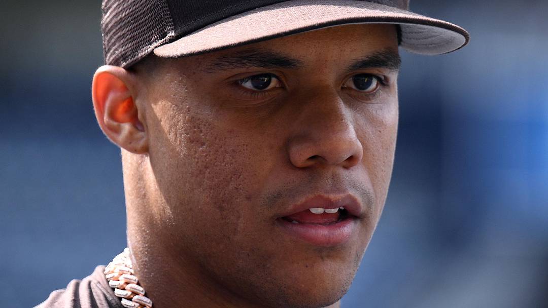 Aug 3, 2022; San Diego, California, USA; San Diego Padres right fielder Juan Soto (22) looks on during batting practice before the game against the Colorado Rockies at Petco Park. Mandatory Credit: Orlando Ramirez-USA TODAY Sports