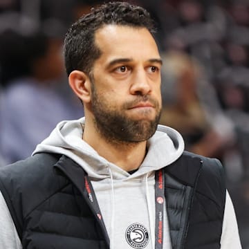 Apr 27, 2023; Atlanta, Georgia, USA; Atlanta Hawks general manager Landry Fields on the court before game six of the 2023 NBA playoffs against the Boston Celtics at State Farm Arena. Mandatory Credit: Brett Davis-Imagn Images