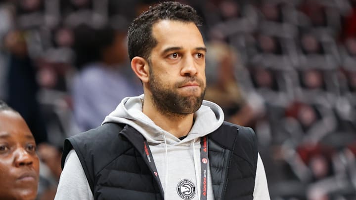 Apr 27, 2023; Atlanta, Georgia, USA; Atlanta Hawks general manager Landry Fields on the court before game six of the 2023 NBA playoffs against the Boston Celtics at State Farm Arena. Mandatory Credit: Brett Davis-Imagn Images