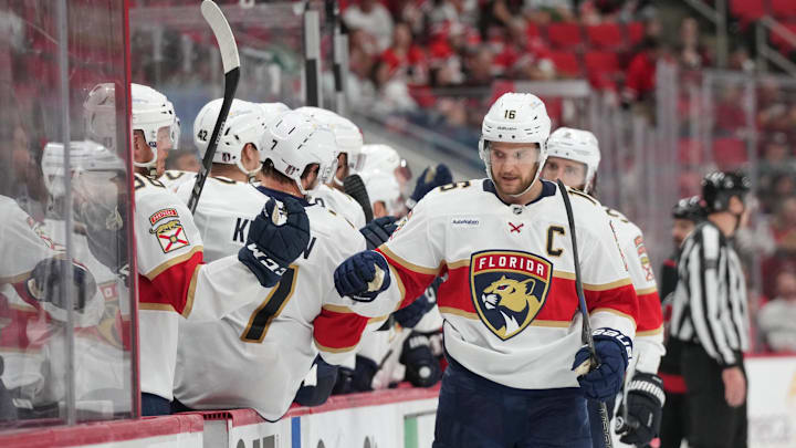 May 22, 2025; Raleigh, North Carolina, USA; Florida Panthers forward Aleksander Barkov (16) celebrates scoring during the third period against the Carolina Hurricanes in game two of the Eastern Conference Final of the 2025 Stanley Cup Playoffs at Lenovo Center. Mandatory Credit: James Guillory-Imagn Images