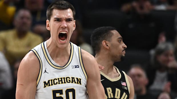 Michigan center Vladislav Goldin celebrates after a play in front of Purdue forward Trey Kaufman.