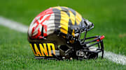 Nov 1, 2014; University Park, PA, USA; General view of a Maryland Terrapins helmet on the field prior to the game against the Penn State Nittany Lions at Beaver Stadium.  Maryland defeated Penn State 20-19.  Mandatory Credit: Rich Barnes-Imagn Images
