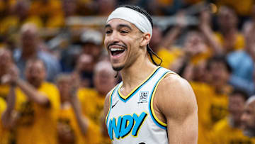 Apr 29, 2025; Indianapolis, Indiana, USA; Indiana Pacers guard Andrew Nembhard (2) celebrates a made basket during game five of the first round for the 2024 NBA Playoffs against the Milwaukee Bucks  at Gainbridge Fieldhouse. Mandatory Credit: Trevor Ruszkowski-Imagn Images