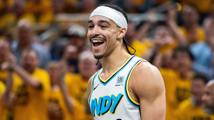 Apr 29, 2025; Indianapolis, Indiana, USA; Indiana Pacers guard Andrew Nembhard (2) celebrates a made basket during game five of the first round for the 2024 NBA Playoffs against the Milwaukee Bucks  at Gainbridge Fieldhouse. Mandatory Credit: Trevor Ruszkowski-Imagn Images