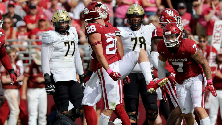 Oklahoma's Danny Stutsman (28) celebrates a play in the first half of the college football game between the University of Oklahoma Sooners and the University of Central Florida Knights at Gaylord Family Oklahoma-Memorial Stadium in Norman, Okla., Saturday, Oct., 21, 2023.