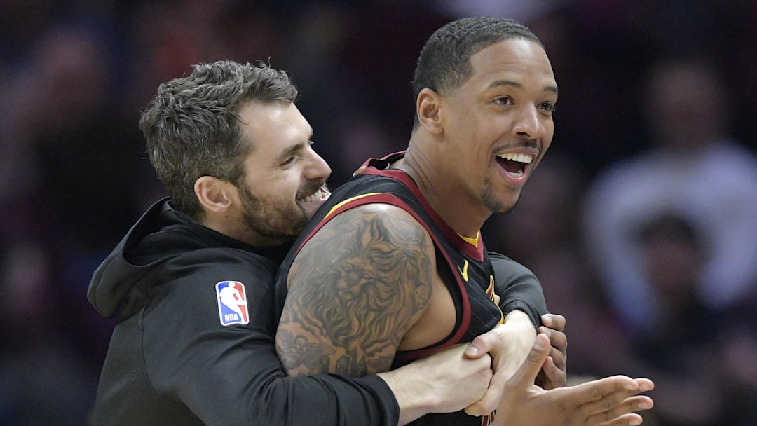 Apr 9, 2019; Cleveland, OH, USA; Cleveland Cavaliers forward Kevin Love (left) and forward Channing Frye (9) react in the second quarter at Rocket Mortgage FieldHouse. Mandatory Credit: David Richard-Imagn Images